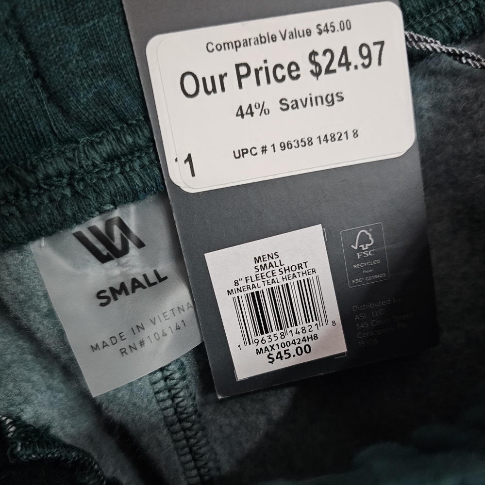 Mens Shorts VRST 8" Fleece Short Mineral Teal Heather New with Tag - Picture 15 of 15